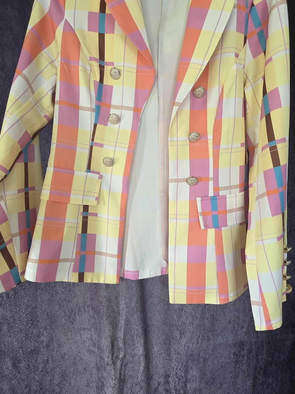 Plaid Pastel Double-Breasted Women's Blazer - Yellow & Pink